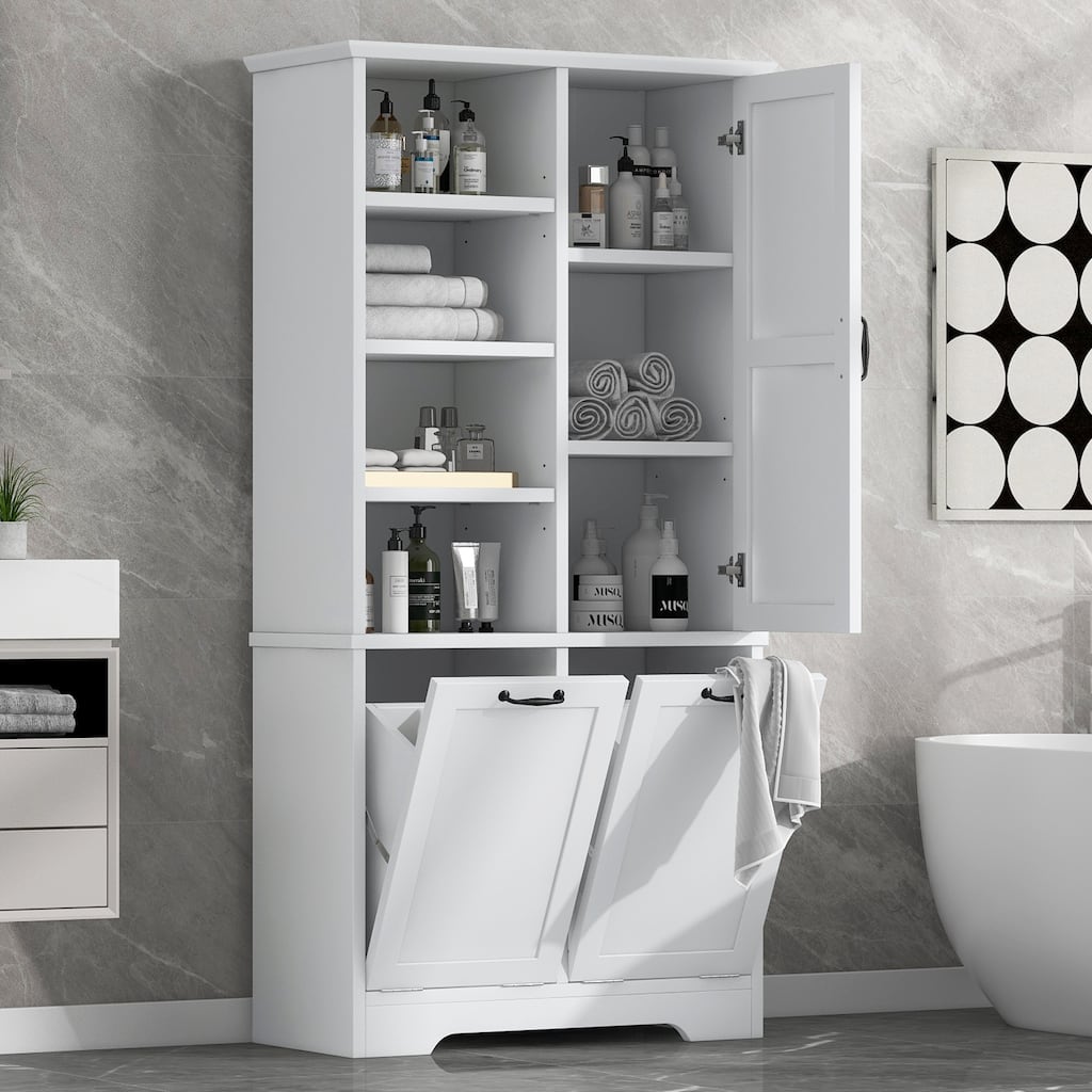 Bathroom Storage Cabinet with Doors and Drawers,Tilt-Out Laundry Hamper,Multiple Storage Space,Freestanding Style，Open Shelve
