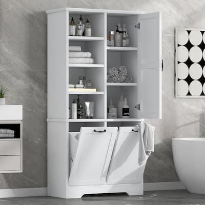 Free Standing Storage Floor Cabinet with Open Shelves, 2 Tilt-Out Laundry Hampers, Adjustable Shelf and Anti-tipping Device
