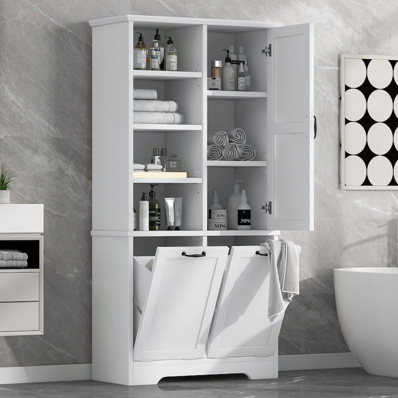 GDFStudio - Elijah Tall Bathroom Cabinet with Tilt-Out Laundry Hampers and Adjustable Shelves - White - Storage Cabinet