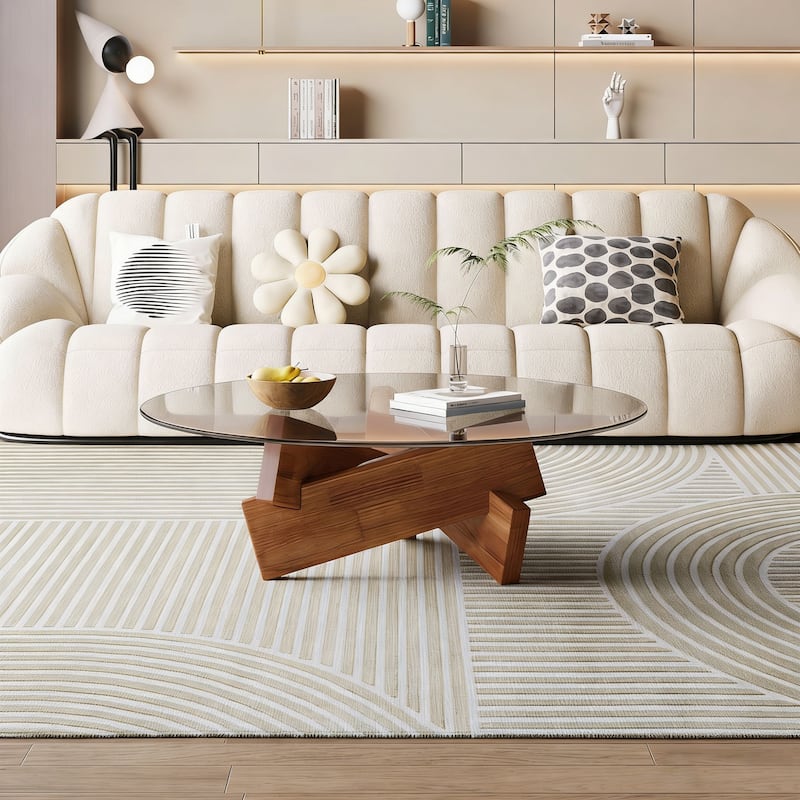 28" Round Mid-Century Coffee Table with Tempered Glass Top