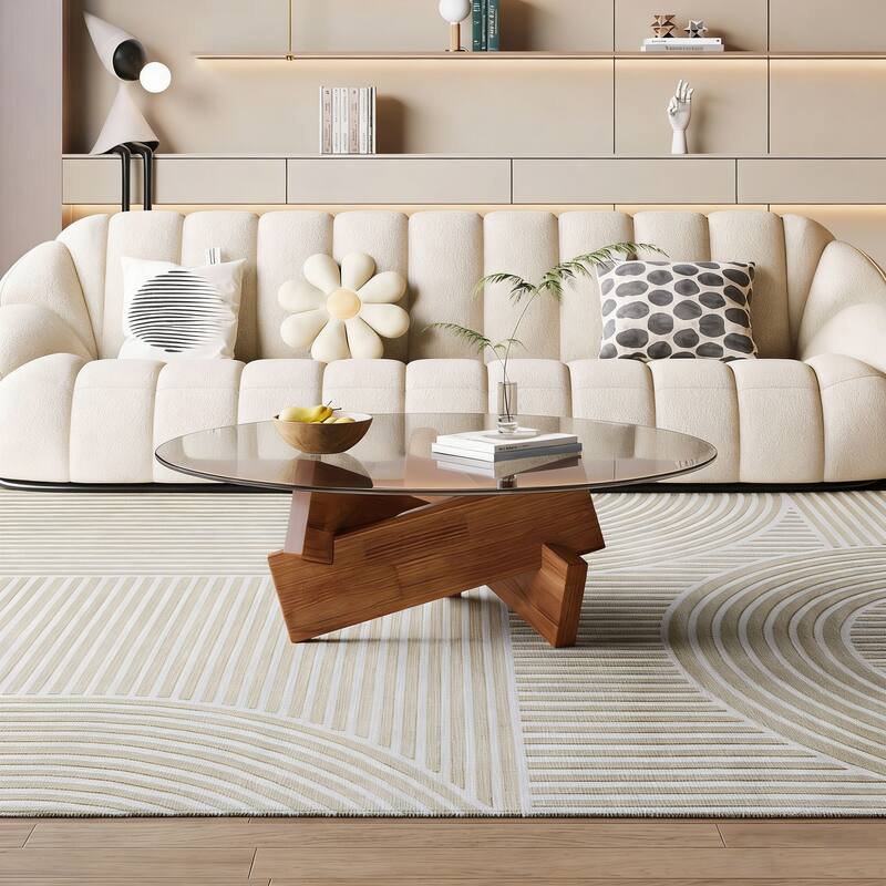 Modern Round Coffee Table for Living Room,Mid Century Center Table with Tempered Glass Top and Wood