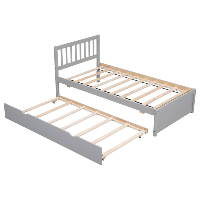 Twin Size Wooden Platform Bed Frame with Trundle Bed & Headboard