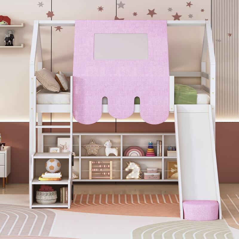 Twin Size Wooden Loft Bed with House-Shaped Frame, Tent, Slide, and Storage, White and Pink