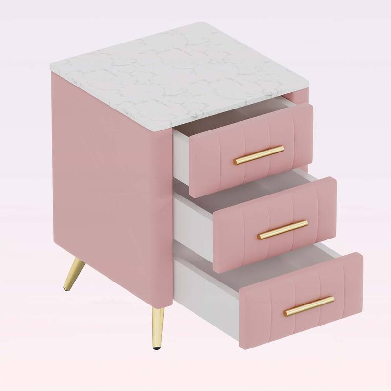Stylish Design Upholstered Nightstand with 3 Drawers and Metal Legs & Handles