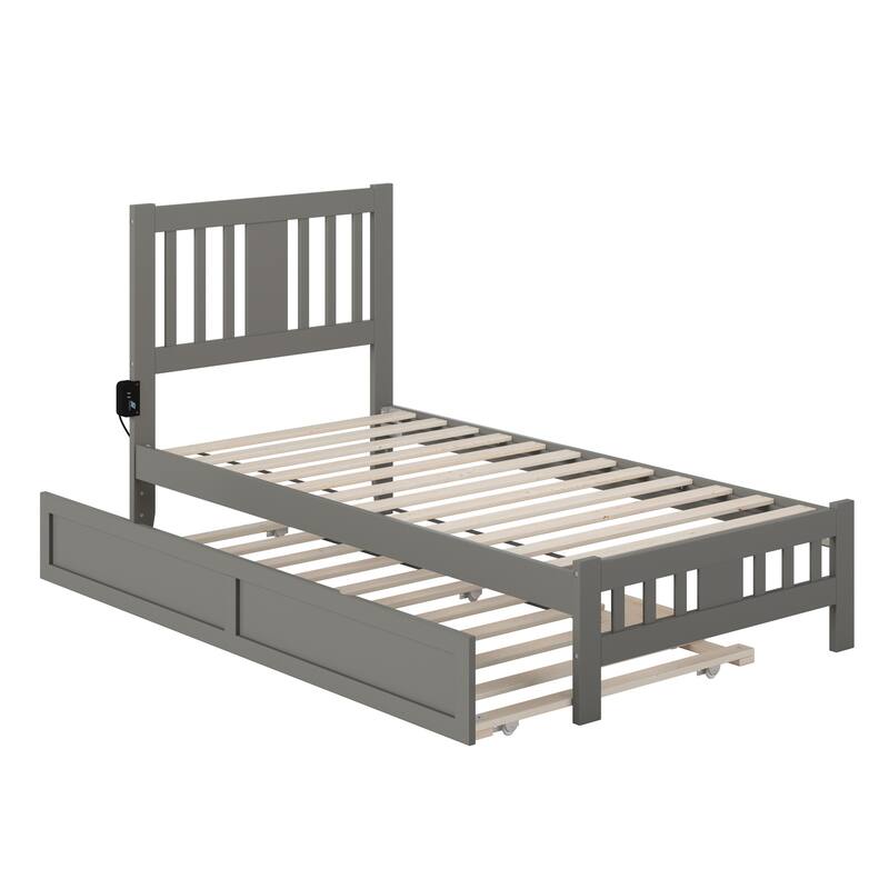 Twin Bed with Trundle - Classic Grey Daybed Frame, Solid Wood Platform Bed