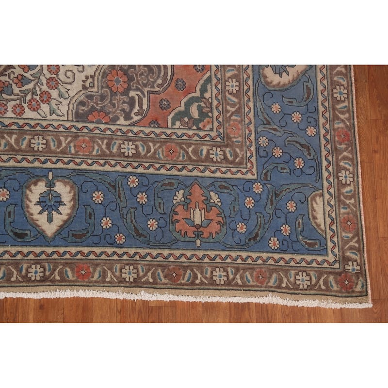 Blue Tabriz Persian Vintage Area Rug Handmade Wool Carpet - 9'10"x 13'0"