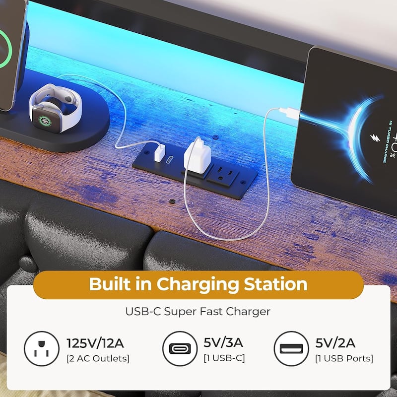 Daybed with Trundle Charging Station LED Lights Storage Headboard