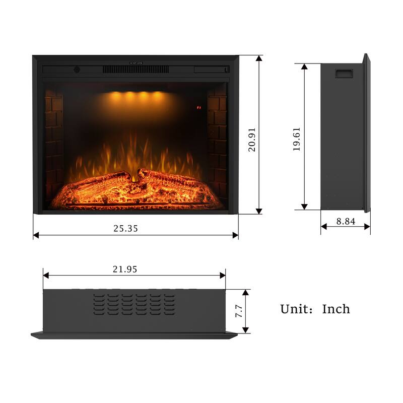 25'' Electric Fireplace Inserts with Fire Crackling Sound, Adjustable Top Light & Flame Speed
