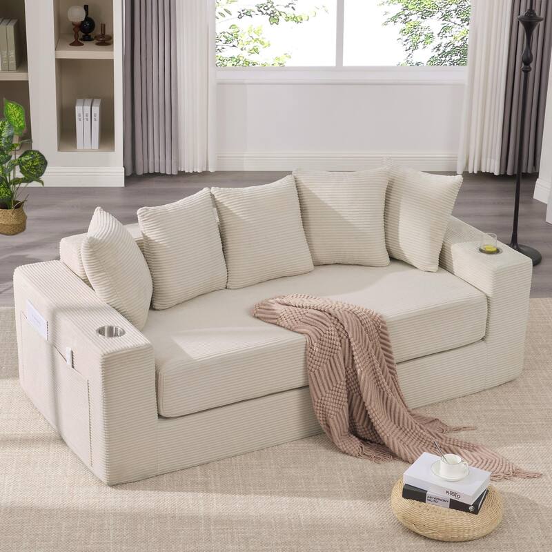 2-in-1 Convertible Sleeper Sofa, Floor Folding Couch, Sofa Bed with Side Pocket, Pull Out Loveseat with Cup Holders
