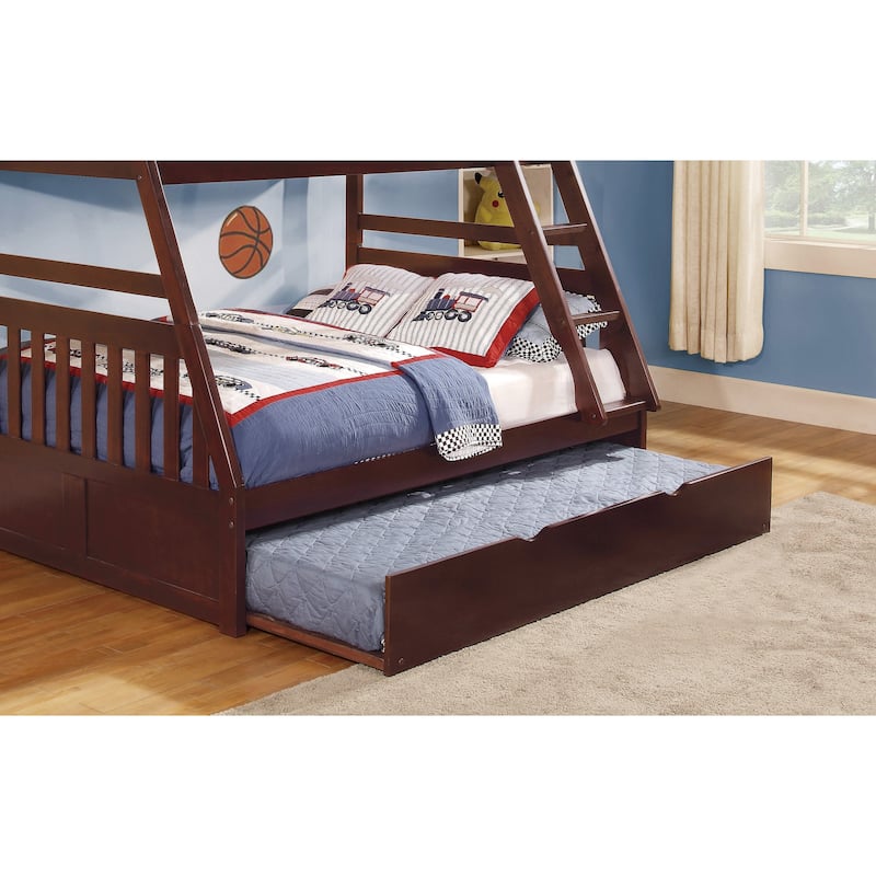 Twin/Full Bunk Bed with Twin Trundle, Dark Cherry Finish, Wooden Bedroom Furniture