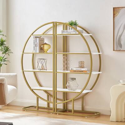 4 Tiers Open Bookshelf, Round Shape, Different Placement Ways, Gold Metal Frame, White