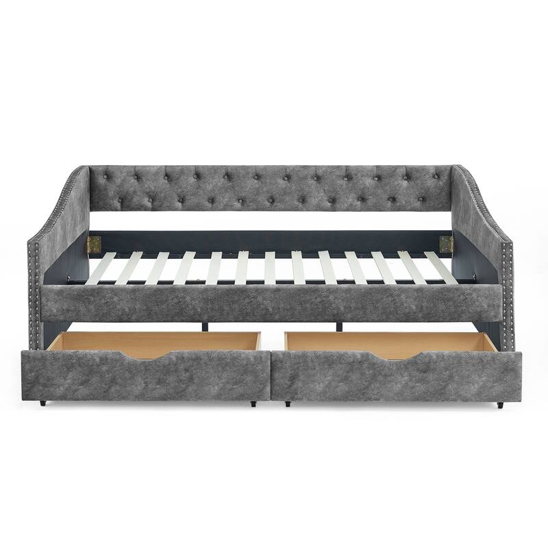 Linen Upholstered Daybed with 2 Drawers, Button-Tufted Backrest & Copper Nail Decoration