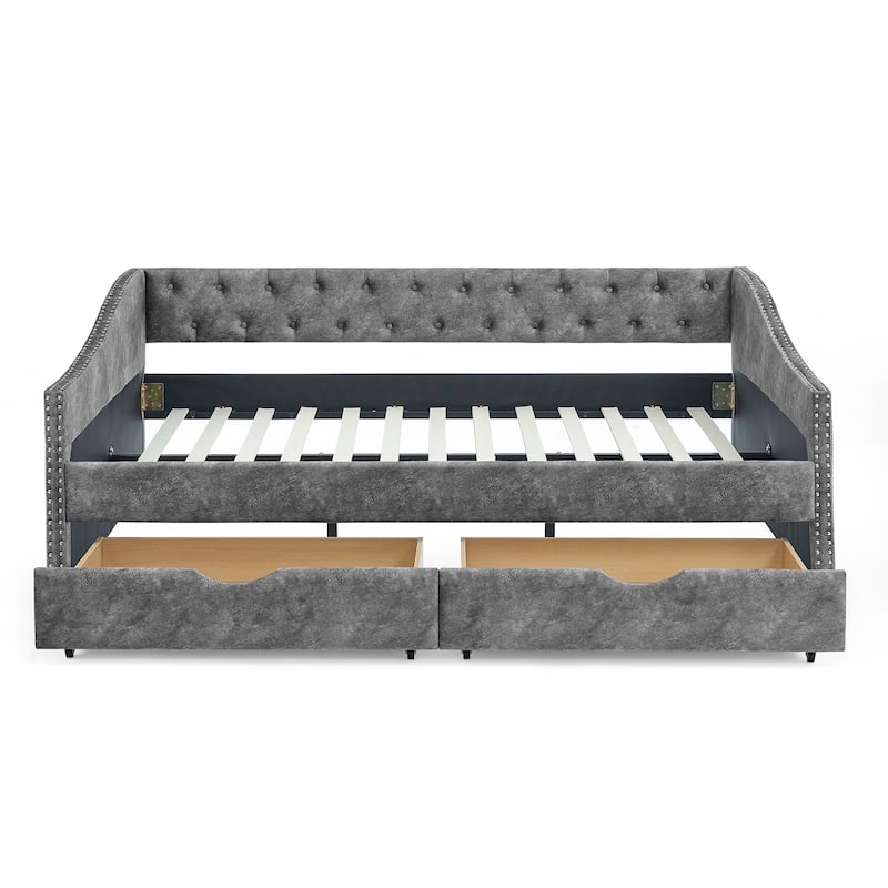 Mid-Century Linen Upholstered Daybed Platform Bed Frame with Storage Drawers, Button Tufted Back and Nailhead Trim Arms