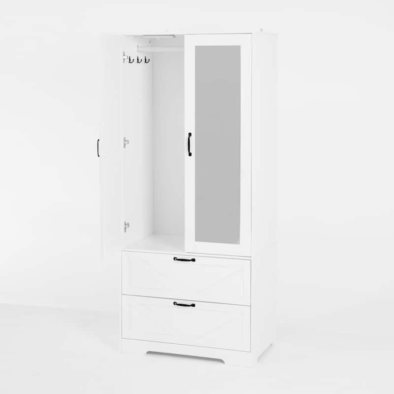 2 Door Wood Wardrobe with Hanging Clothing Rod inside the Cabinet and 2 Drawers, Multifunctional Closet with Mirror