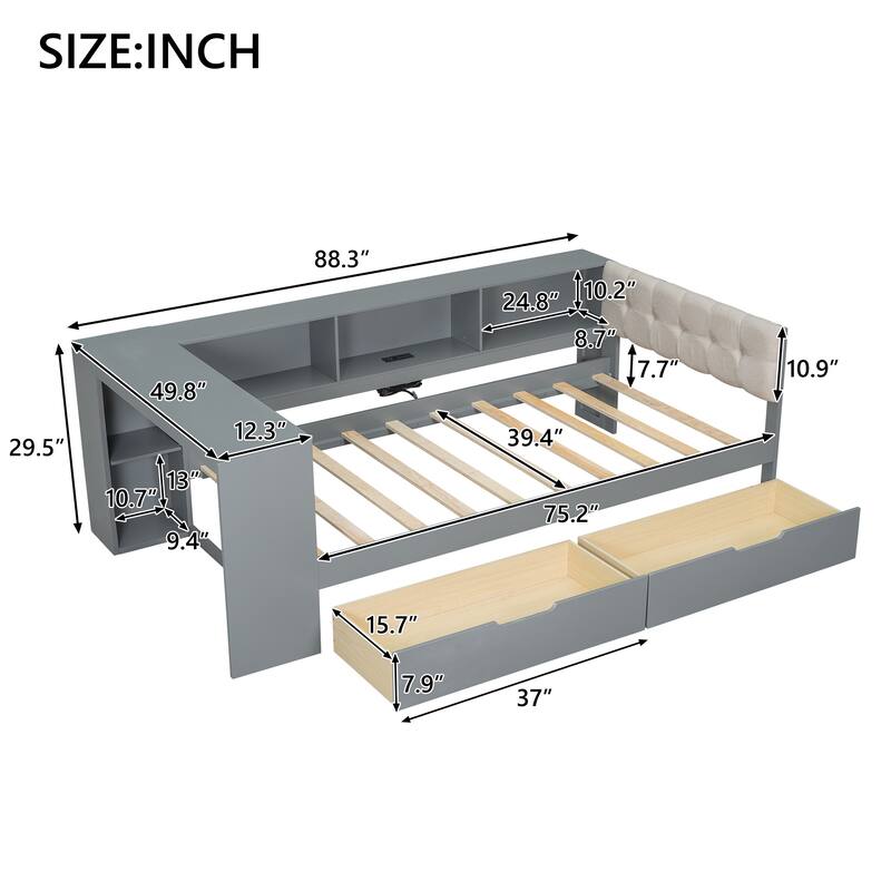 Twin Size Solid Wood Platform Bed with Upholstered Headboard, USB Charging Station and 2 Storage Drawers