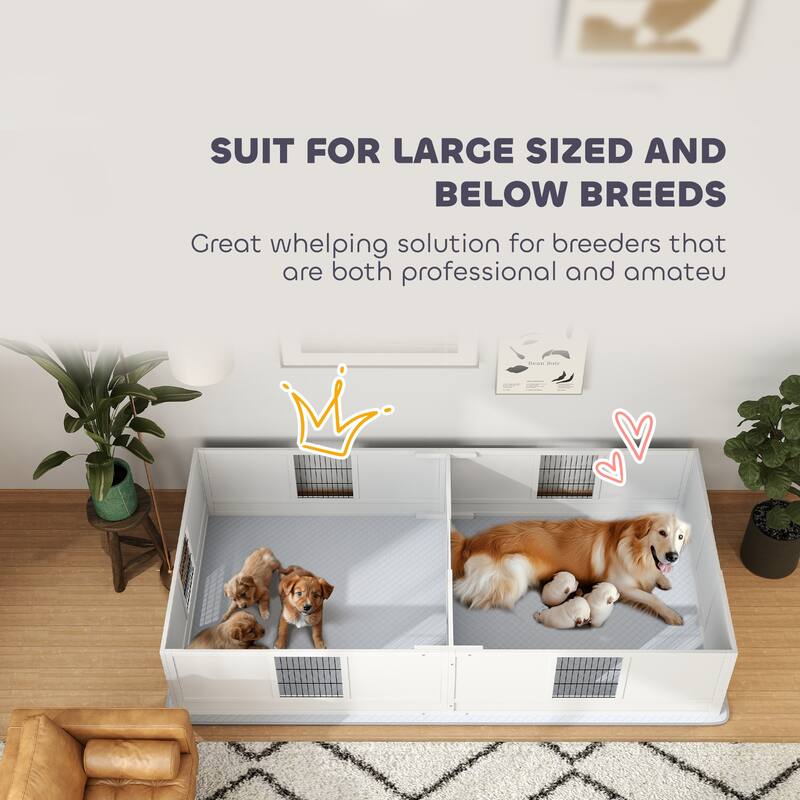 PawHut Whelping Box for Dogs and Puppies, Dog Whelping Box with Waterproof Pee Pad, Adjustable Height Door, 96" x 47" x 19"