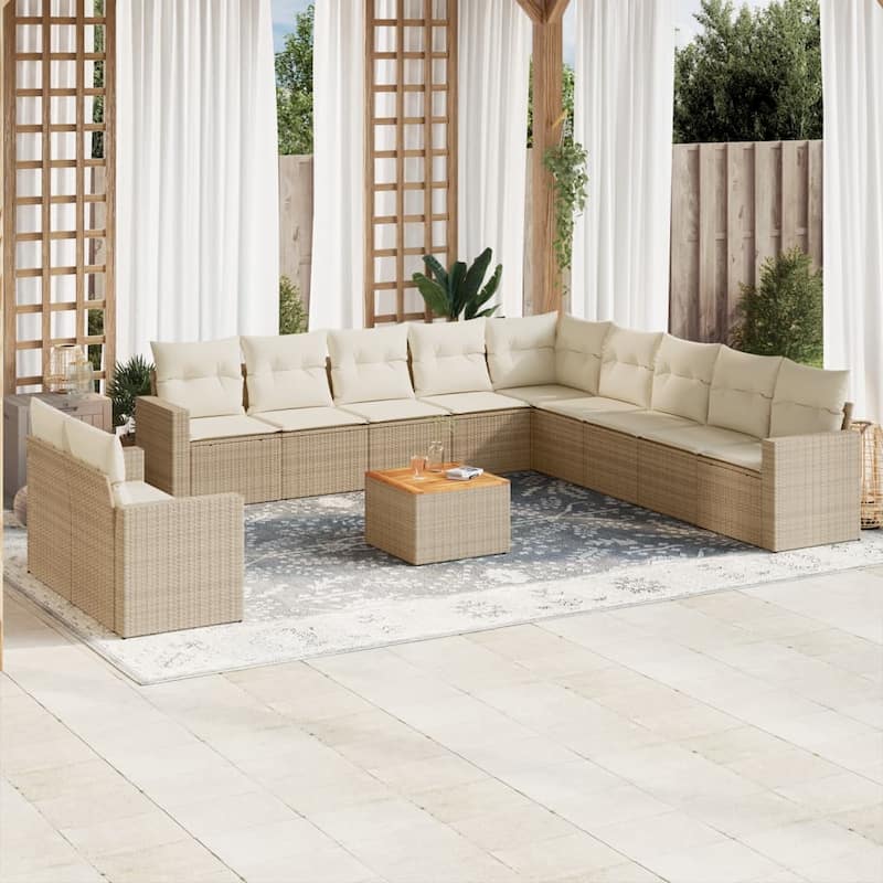 vidaXL Patio Sofa Set with Cushions Outdoor Furniture 12 Piece Poly Rattan - 21.7 x 24.4 x 27.2 - Beige and Cream