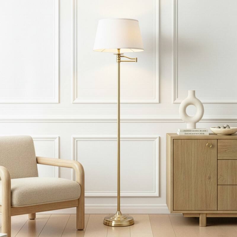 Brightech Caden 60 in. Antiqued Brass Mid-Century Modern 1-Light Extendable Swing Arm LED Floor Lamp with Beige Linen Drum Shade