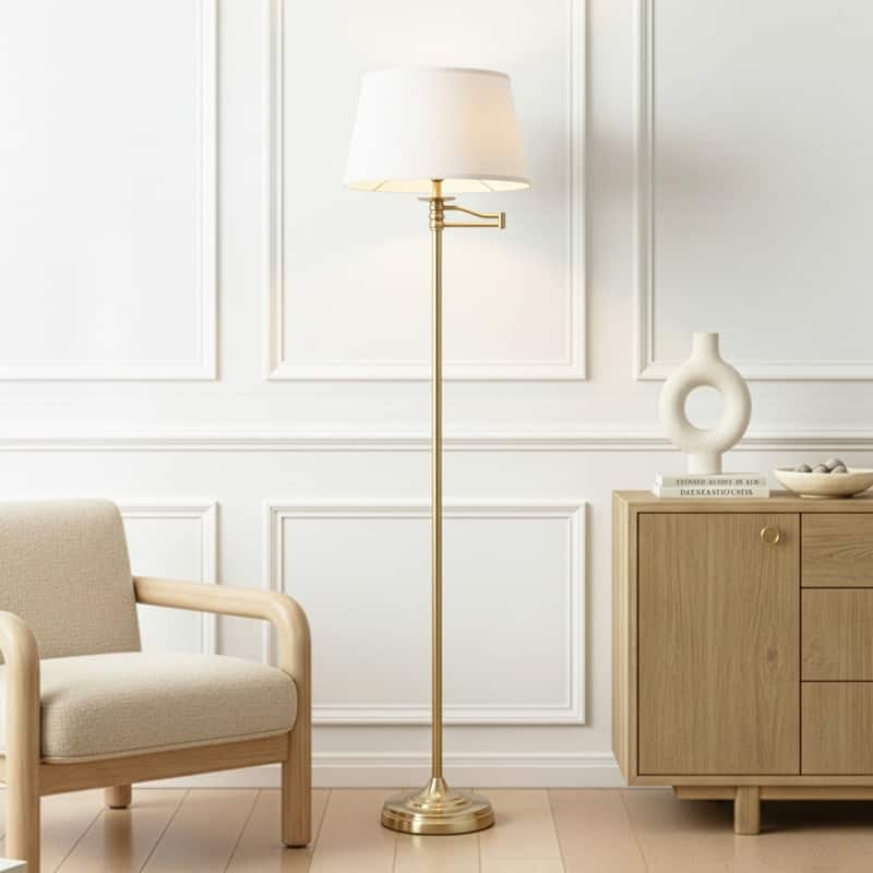 Brightech Caden 60 in. Antiqued Brass Mid-Century Modern 1-Light Extendable Swing Arm LED Floor Lamp with Beige Linen Drum Shade