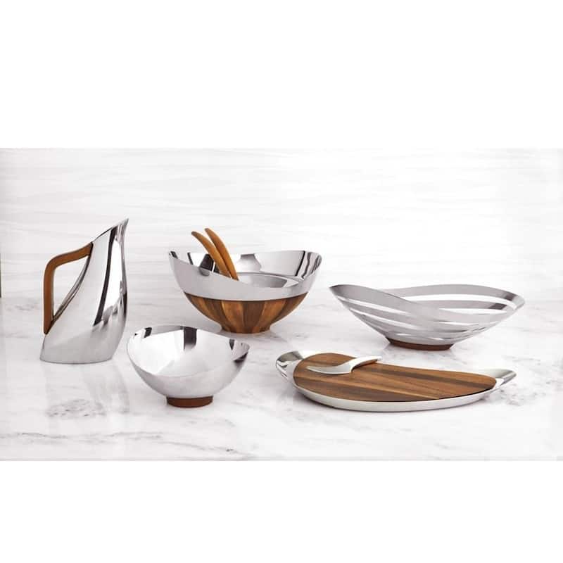 Nambe Pulse Salad Bowl with Servers - 12” x 13” Bowl with 11.5” Servers