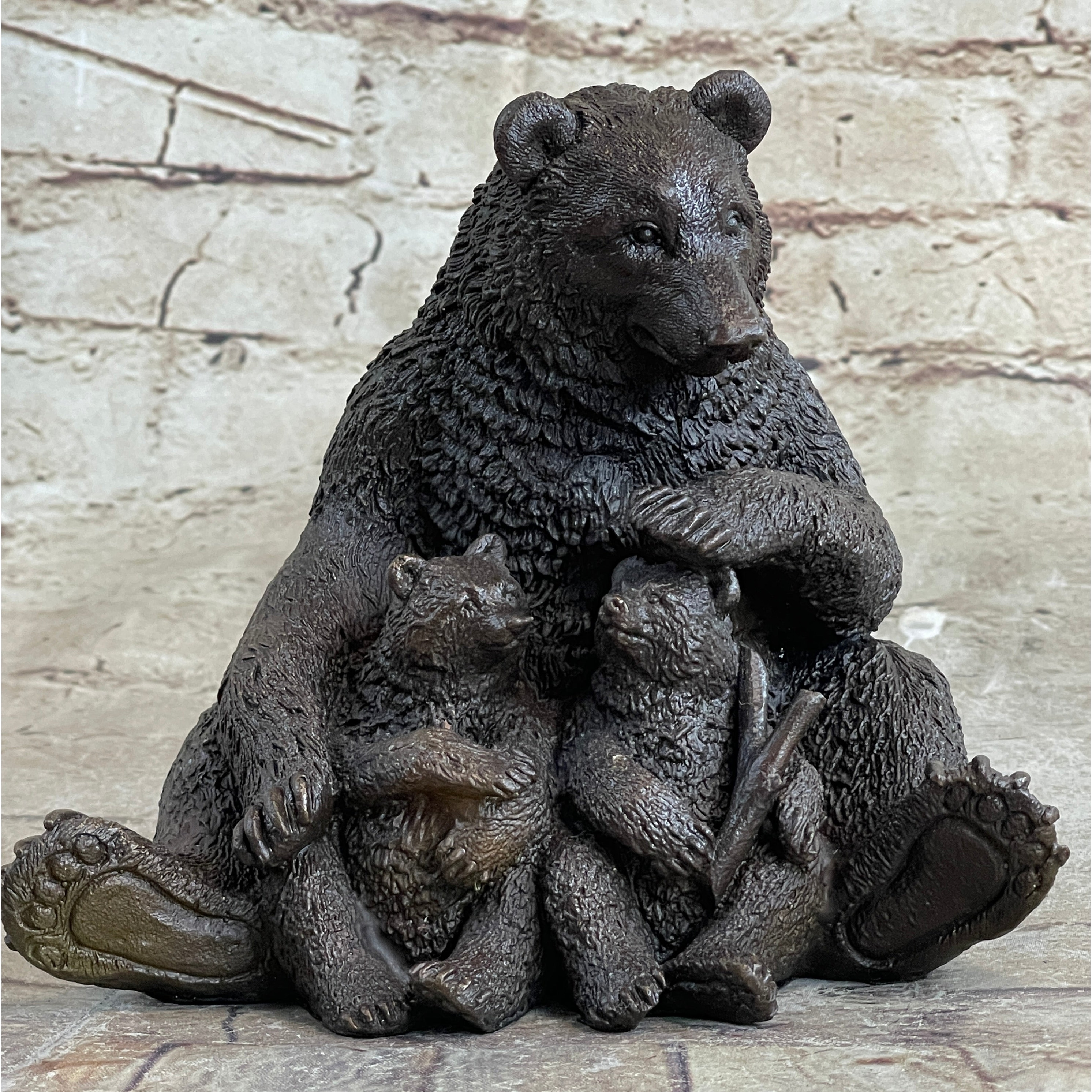 Mama Bear With Cubs Family Of Bears Bronze Metal Figurine Sculpture Signed Art