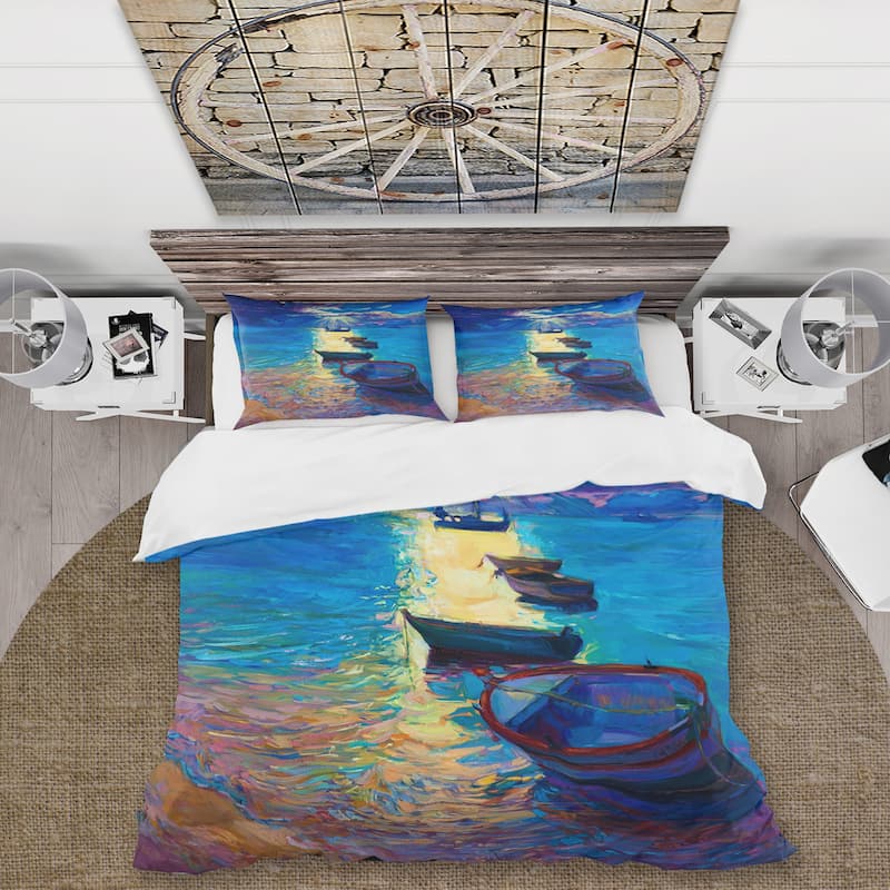 Designart 'Fishing Boats On The Water With Dark Blue Sky II' Lake House Duvet Cover Set
