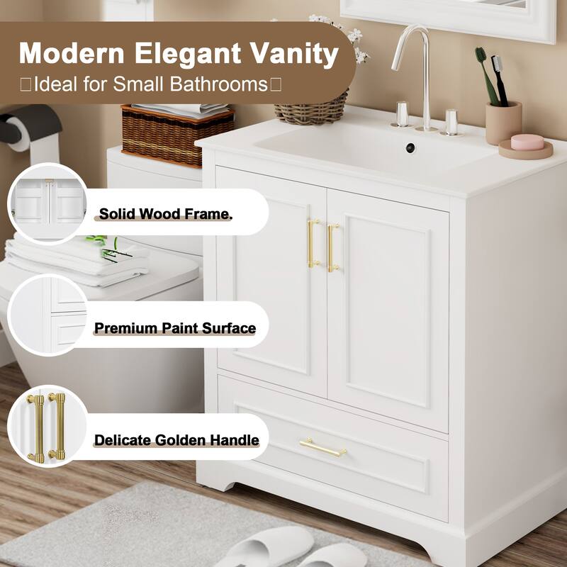 Bathroom Vanity with Ceramic Sink, Freestanding Storage Cabinet with Double Shelf, 1 Divider Drawer & 2 Soft-close Doors