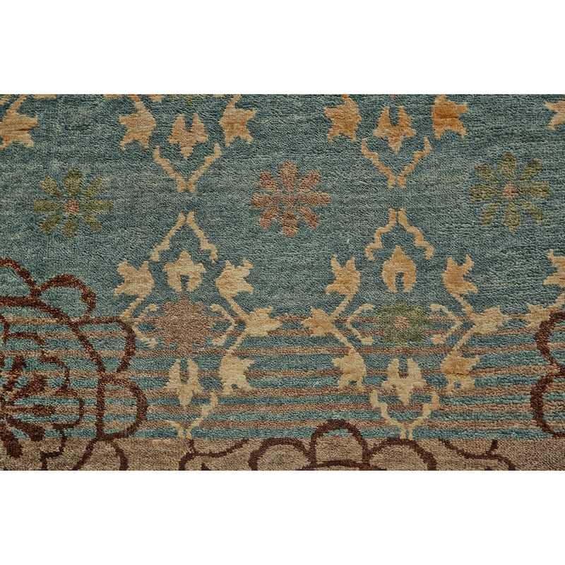 Timeo Hand Knot Oriental Area Rug, Teal Green/Coffee Brown