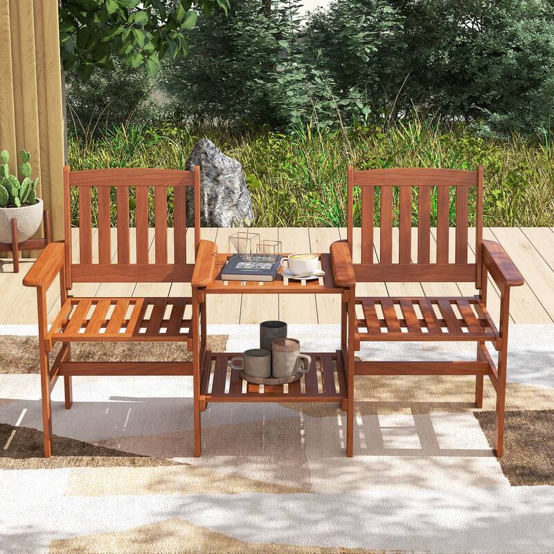 Gymax Outdoor Wood Bench Loveseat w/ Built-in Table 1.57'' Umbrella