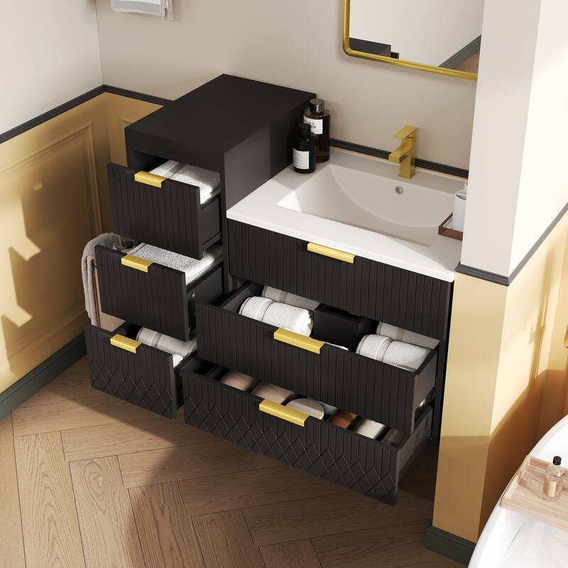 Roomfitters 24 Inch Wall Mounted Floating Vanity & Side Cabinet Combo, Modern Storage Station with Ceramic Basin Sink