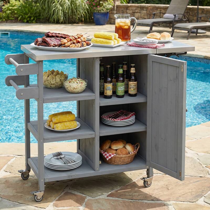 Foldable Outdoor Kitchen Island Cart with Lockable Wheels and Storage Cabinet