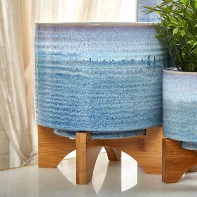 Blue Ombre Handmade Ceramic Planter with Bamboo Wood Stand - 8.0" x 8.0" x 9.0"