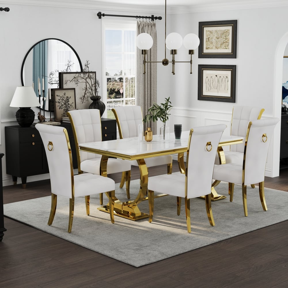 65 inch Faux Marble Dining Table Set with Boucle Dining Chairs
