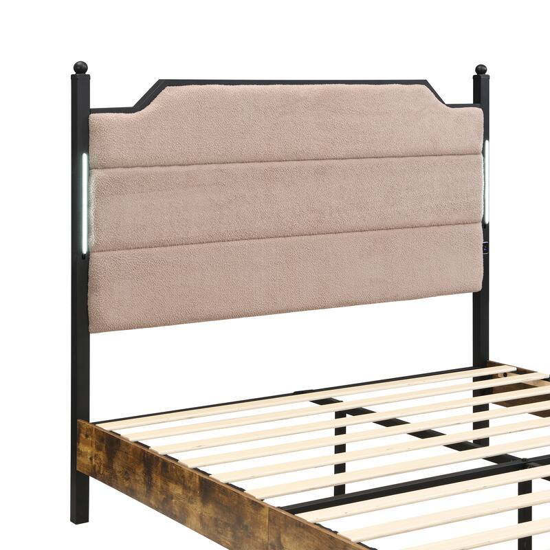 Queen Bed Frame , Upholstered headboard with Charging and Touch sensitive LED Lights, Under Bed Storage, No Box Spring Needed