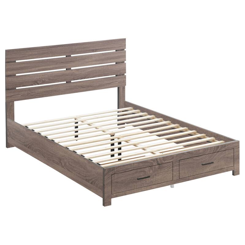 Eastern King Storage Panel Bed with Slatted Headboard and Footboard Drawers in Barrel Oak Finish
