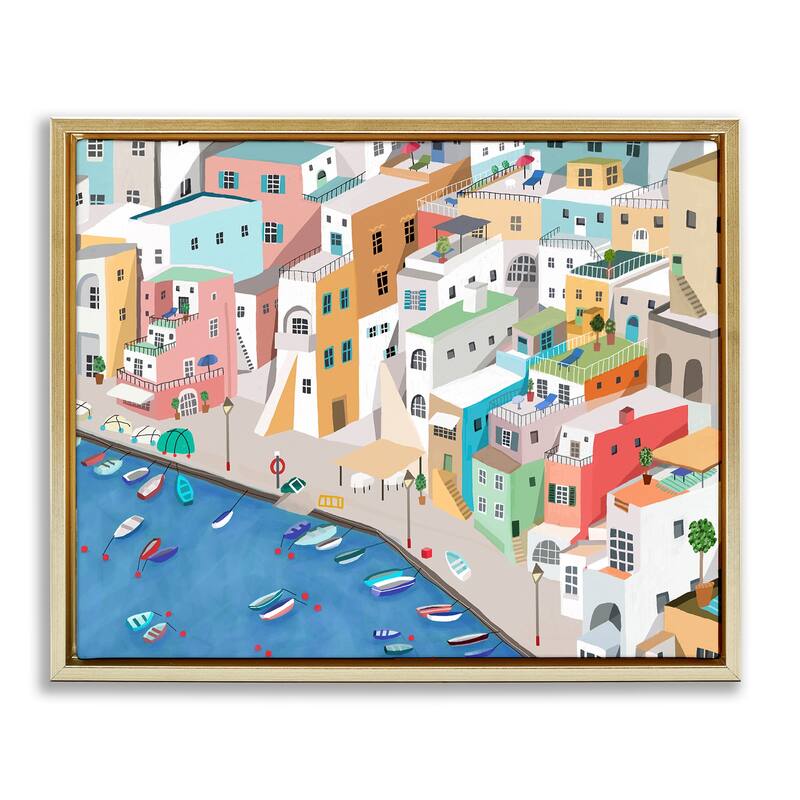 Stupell Coastal Town Harbor Framed Floater Canvas Wall Art Design By Carla Daly - 21 x 17 - Gold