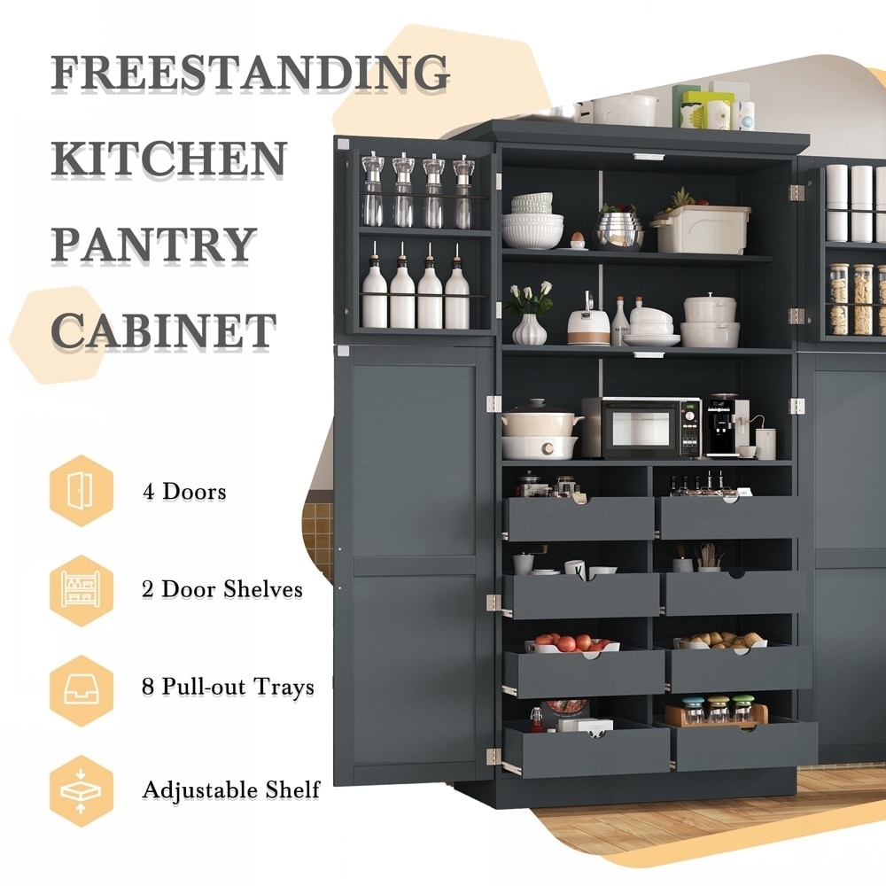 Freestanding Kitchen Pantry Tall Storage Cabinet with 4 Doors and 2 Door Shelves