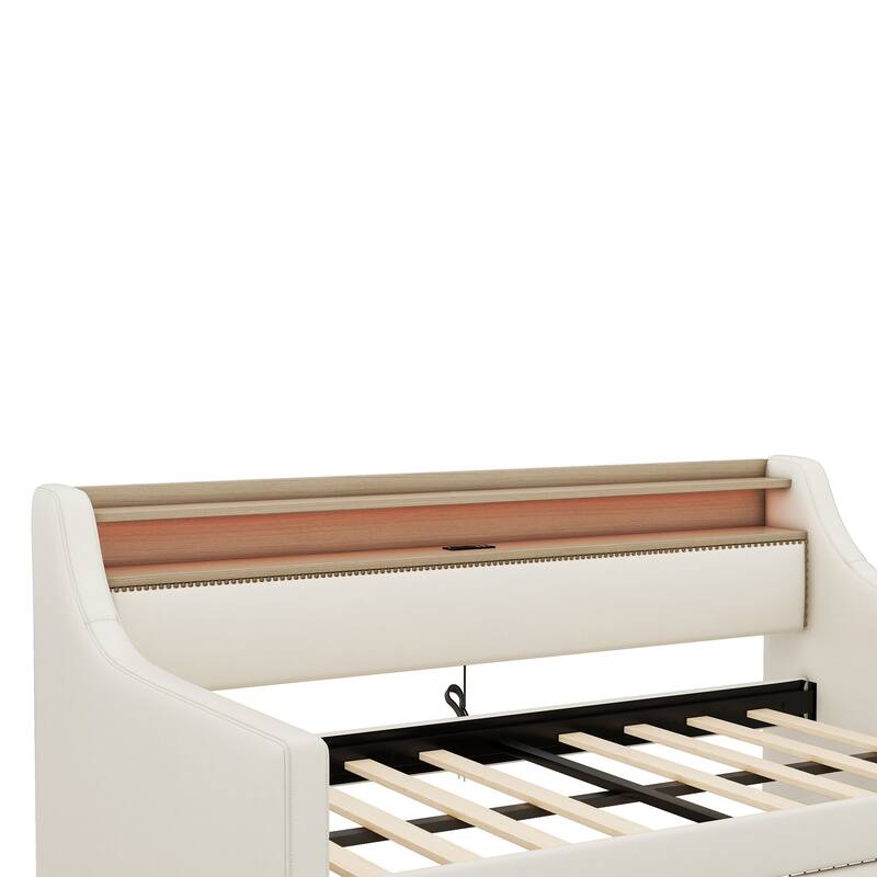 Twin Size Upholstered Daybed with Storage Drawers, Charging Station & LED Lights in Beige