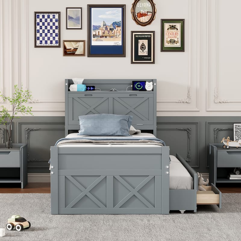 Wooden Platform Bed Outlets on Storage Headboard, Wood Slat Panel Bed Frame with 3 Storage Drawers & Pull-out Trundle Bed - Gray - Twin