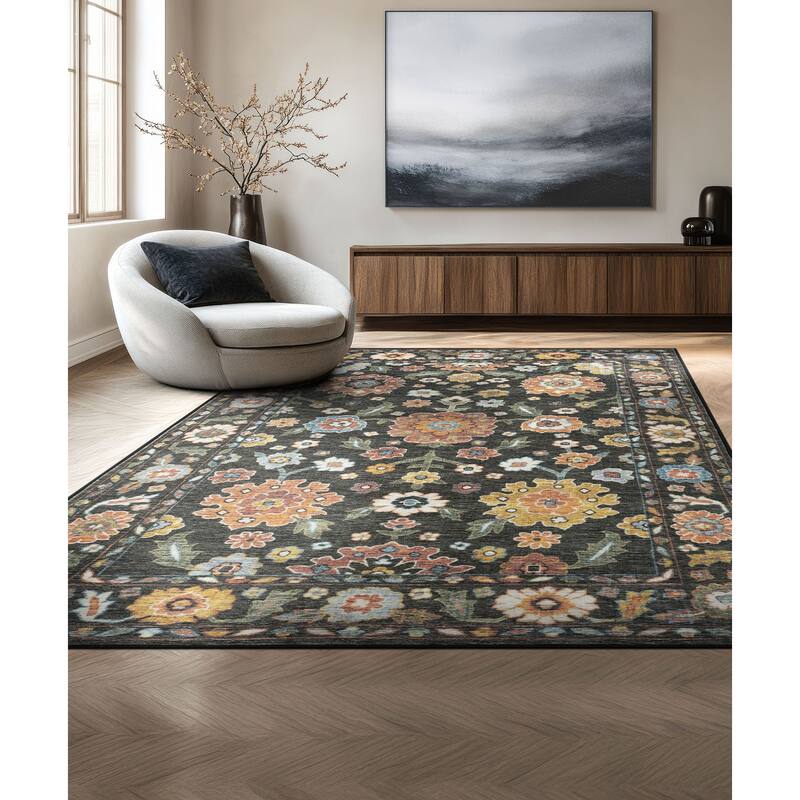 Smart Wash Ambient Glam Oriental Indoor Polyester Area Rug - 5' x 6'11'' - Black/Gold