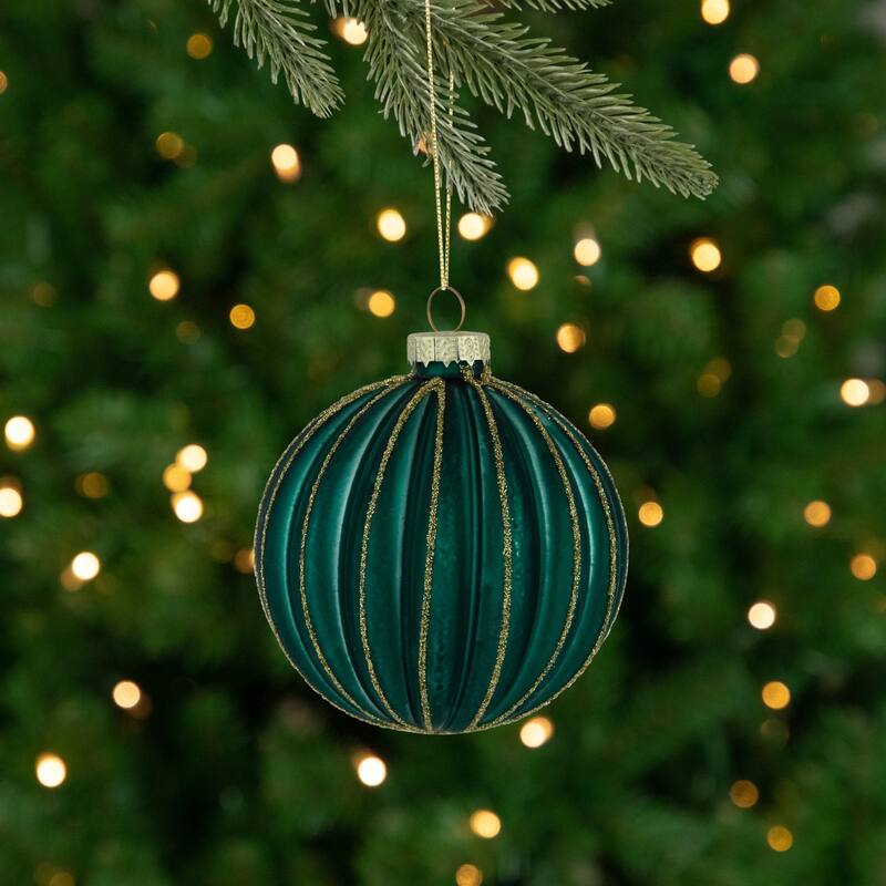 Glittered Ribbed Glass Christmas Ball Ornaments - 3" (75mm) - Green and Gold - 4ct