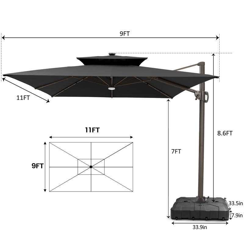 9 X 11 FT Outdoor Patio Cantilever Umbrella with Solar Lights All-Weather Wheeled Base Double Canopy 360 Rotation Tilt