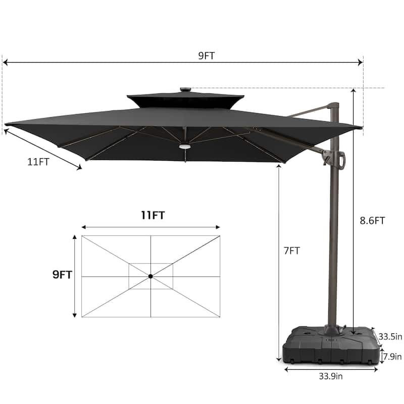 Pellebant 9x11FT Outdoor Dual Top Cantilever Patio Umbrella LED Light with HDPE Base