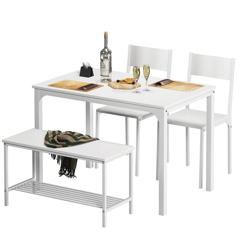 4 Person Dining Table Set, Kitchen Table Set for 4,2 Chairs with Backrest,2-Person Bench with Storage, Nesting Furniture Set - White