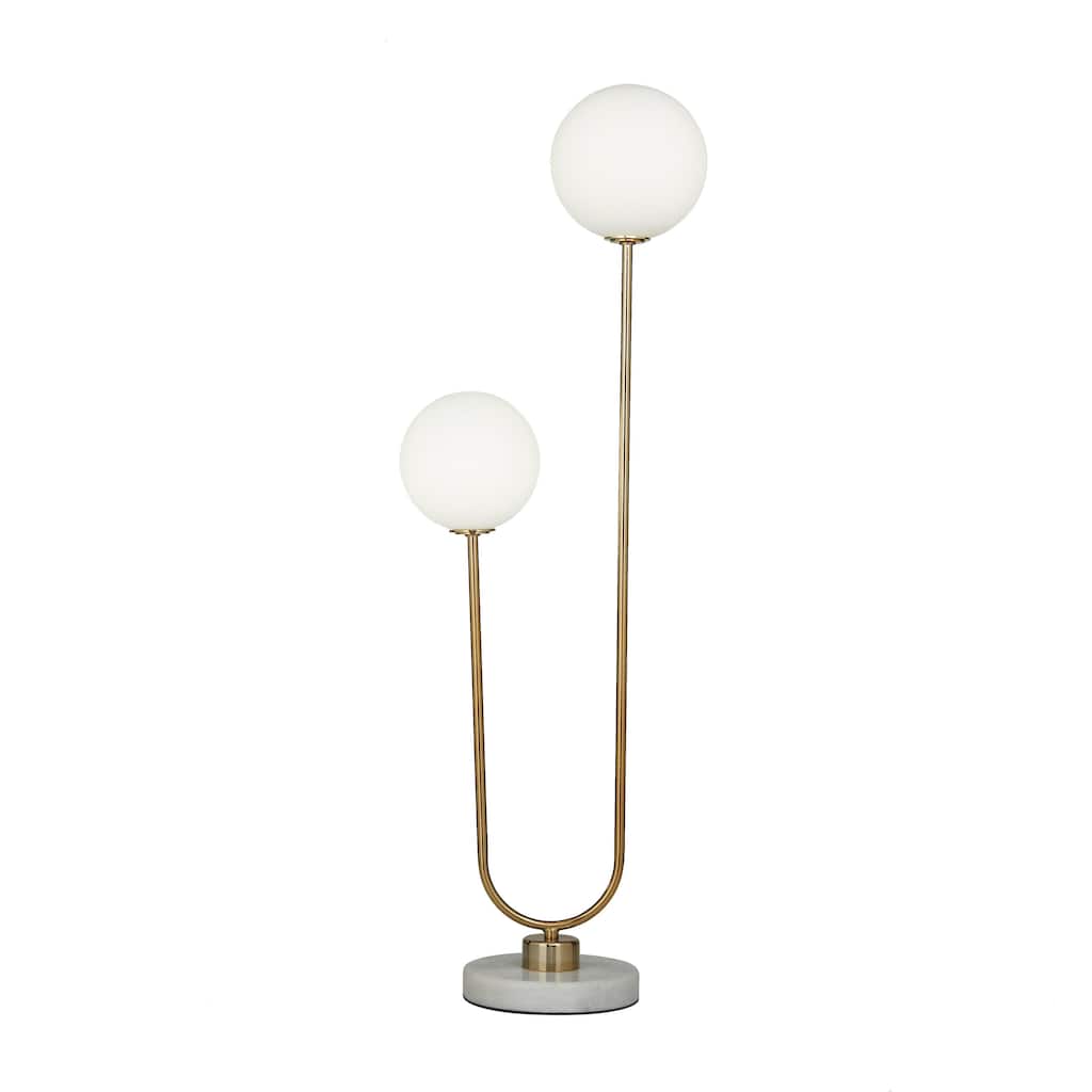 Metal Curved Orb 2 Light Room Table Lamp with White Glass Shades and Marble Base - Gold or Silver - Roche River Decor