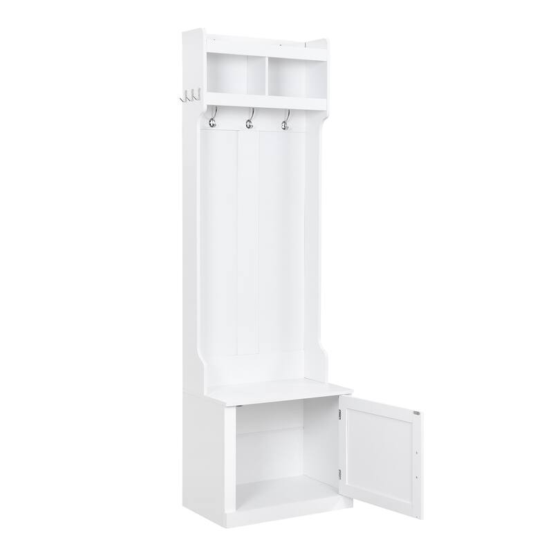 Minimalist Slim Hall Tree with Cabinet & 6 Hanging Hooks, Multi-functional Storage Bench with Coat Rack
