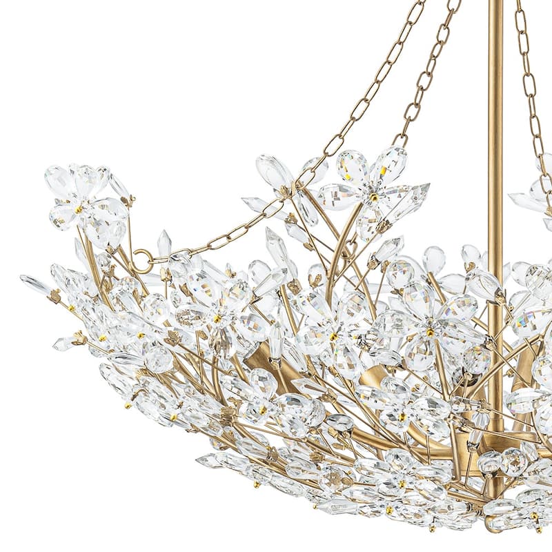 French Luxury Antique Brass Bloom Crystal Flower Chandelier - 28in