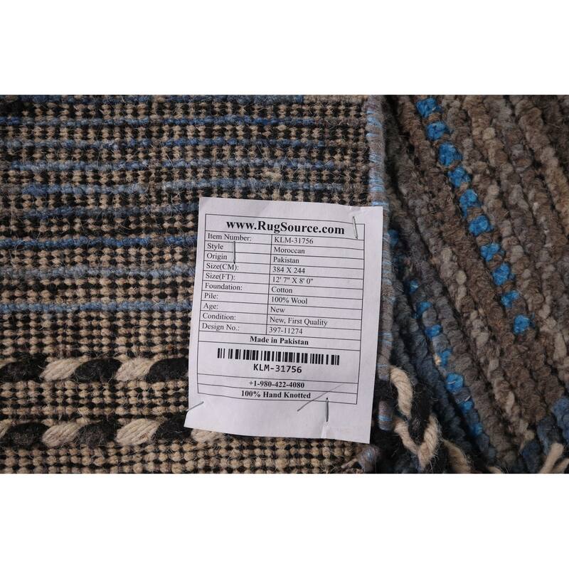 Blue Striped Moroccan Abstract Area Rug Hand-Knotted Wool Carpet - 8'0"x 12'7"