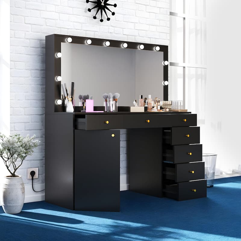 Makeup Vanity with Mirror and Lights Vanity Desk with Large Glass Top - Black