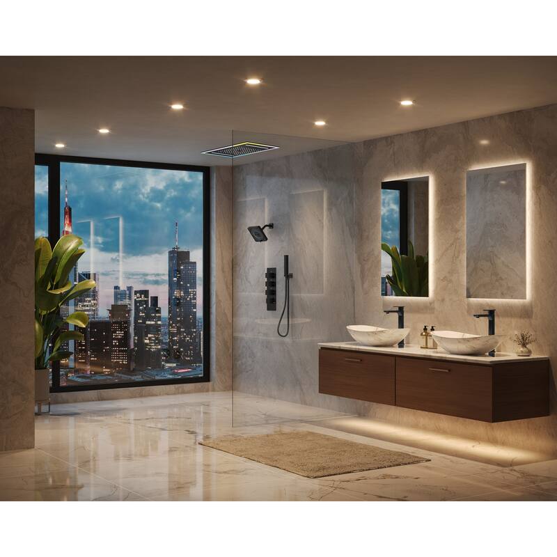 GRANDJOY Thermostatic LED Rain and Waterfall Shower System with Handheld, Ceiling-Mount Modern Design